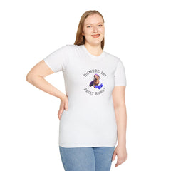 Female wearing white adult T-shirt with a printed image of a dog and the humorous text 'Dumbbells? Belly Rubs?', designed for dog lovers and fitness enthusiasts.