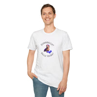 Male wearing white adult T-shirt with a printed image of a dog and the humorous text 'Dumbbells? Belly Rubs?', designed for dog lovers and fitness enthusiasts.