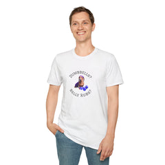 Male wearing white adult T-shirt with a printed image of a dog and the humorous text 'Dumbbells? Belly Rubs?', designed for dog lovers and fitness enthusiasts.