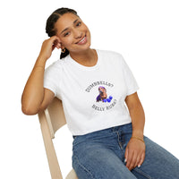 Female wearing white adult T-shirt with a printed image of a dog and the humorous text 'Dumbbells? Belly Rubs?', designed for dog lovers and fitness enthusiasts.