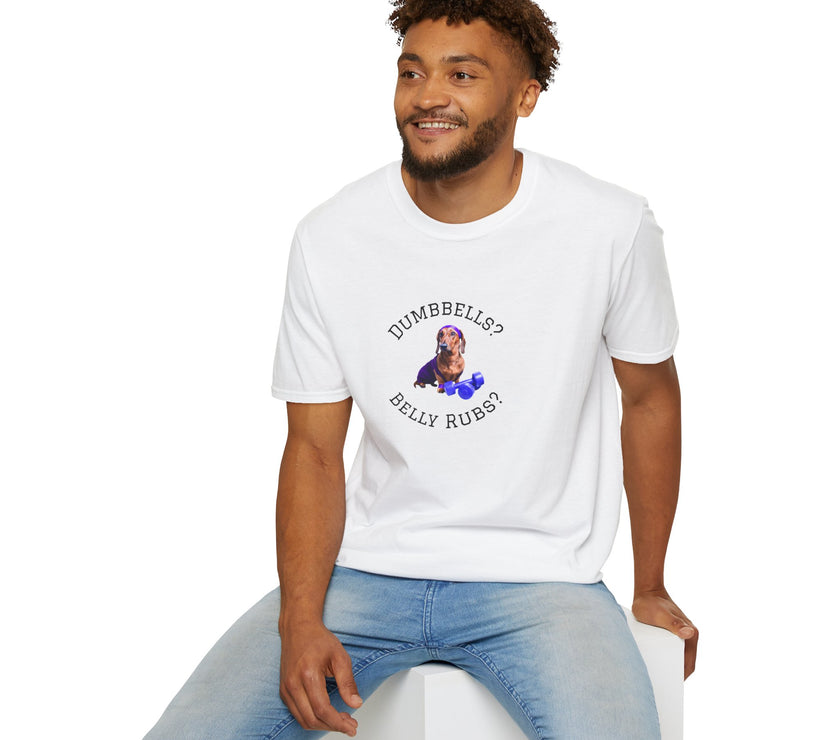Male wearing white adult T-shirt with a printed image of a dog and the humorous text 'Dumbbells? Belly Rubs?', designed for dog lovers and fitness enthusiasts.
