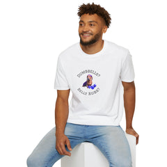Male wearing white adult T-shirt with a printed image of a dog and the humorous text 'Dumbbells? Belly Rubs?', designed for dog lovers and fitness enthusiasts.
