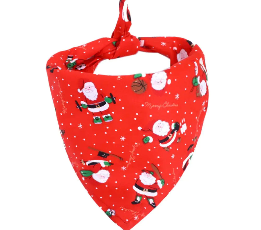 Red bandana with Santa Claus pattern on a white background