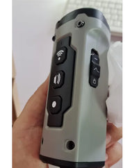 A close-up view of a black handheld ultrasonic dog training device featuring three mesh speaker emitters, control buttons, and an integrated flashlight on top.