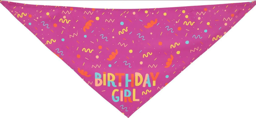 Pink bandana with colorful patterns and 'Birthday Girl' text on a white background