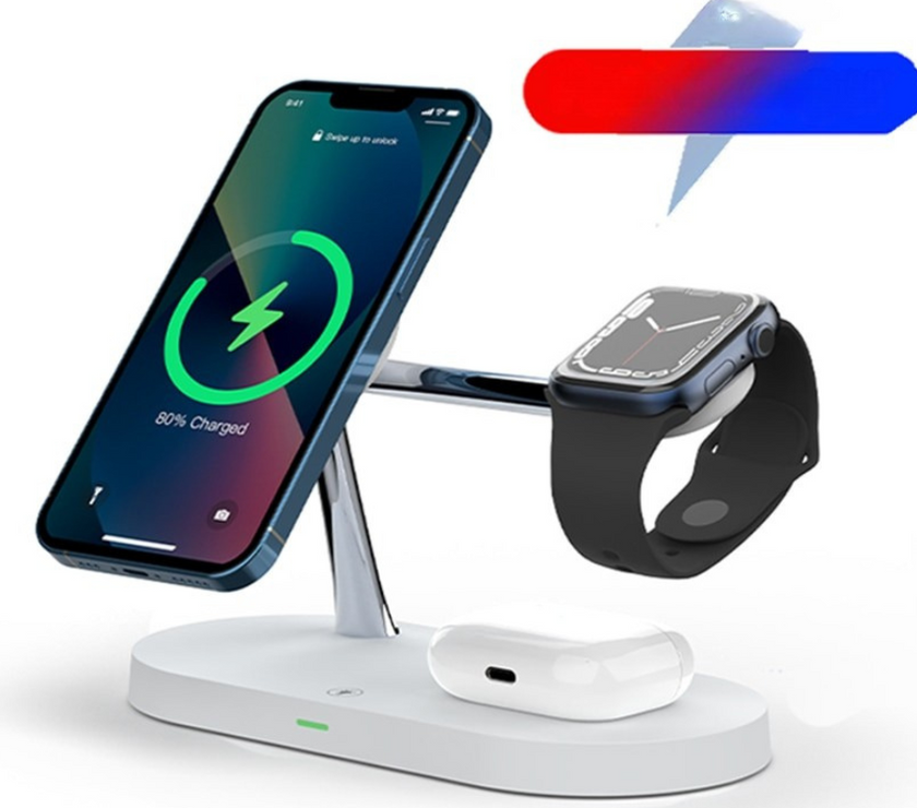 Wireless charging stand with smartphone and smartwatch on a white background