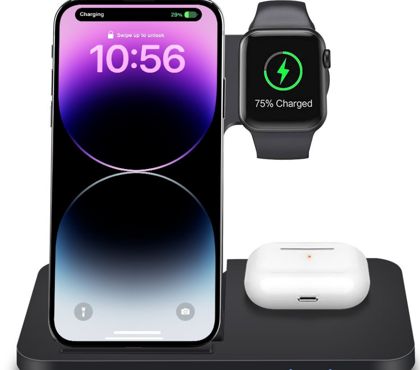 Wireless charging station with smartphone, smartwatch, and wireless earbuds on a white background