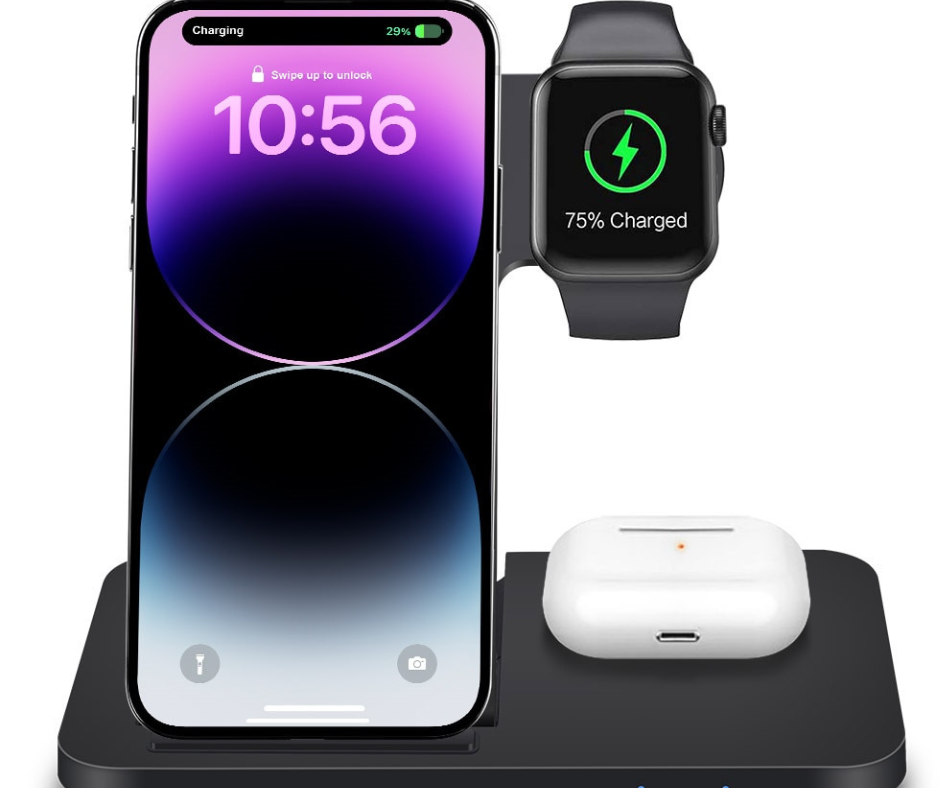 Wireless charging station with smartphone, smartwatch, and wireless earbuds on a white background