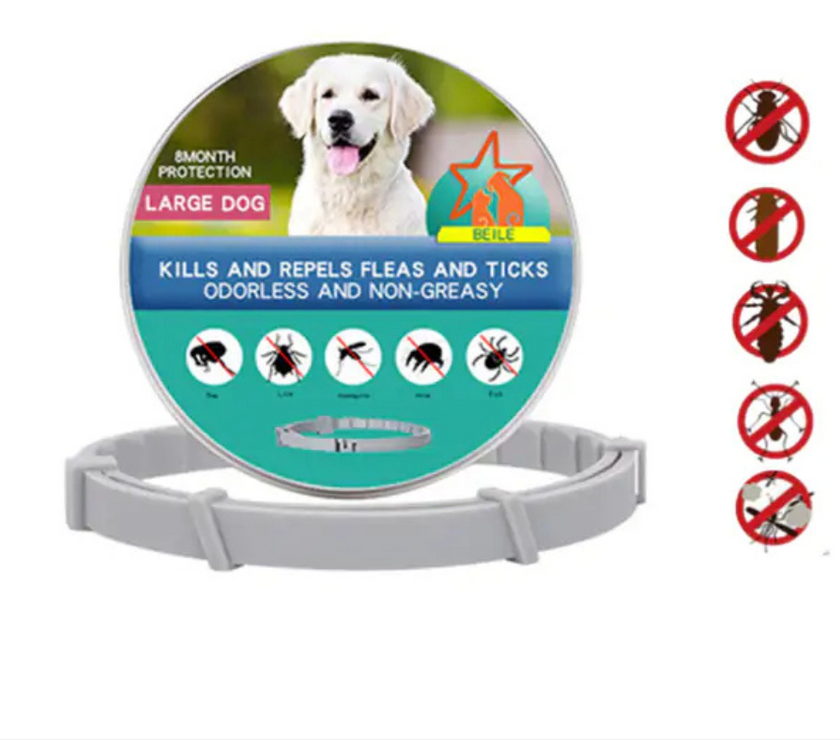 Dog flea and tick collar with packaging featuring a large dog and pest icons on a white background.