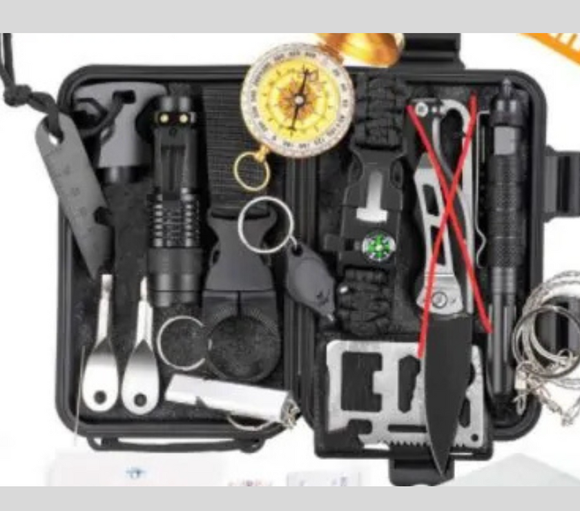 Multitool kit with various tools and a compass on a white background