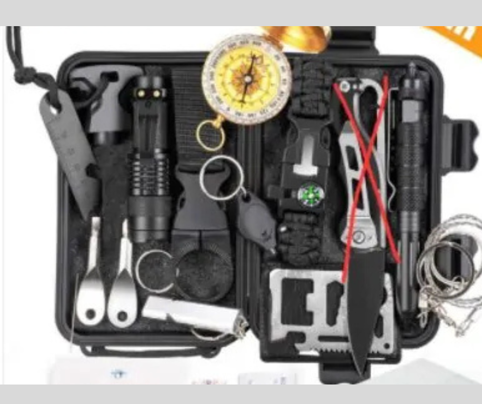 Multitool kit with various tools and a compass on a white background