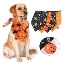 Dog wearing a Halloween-themed bandana with pumpkins and a jack-o'-lantern design.