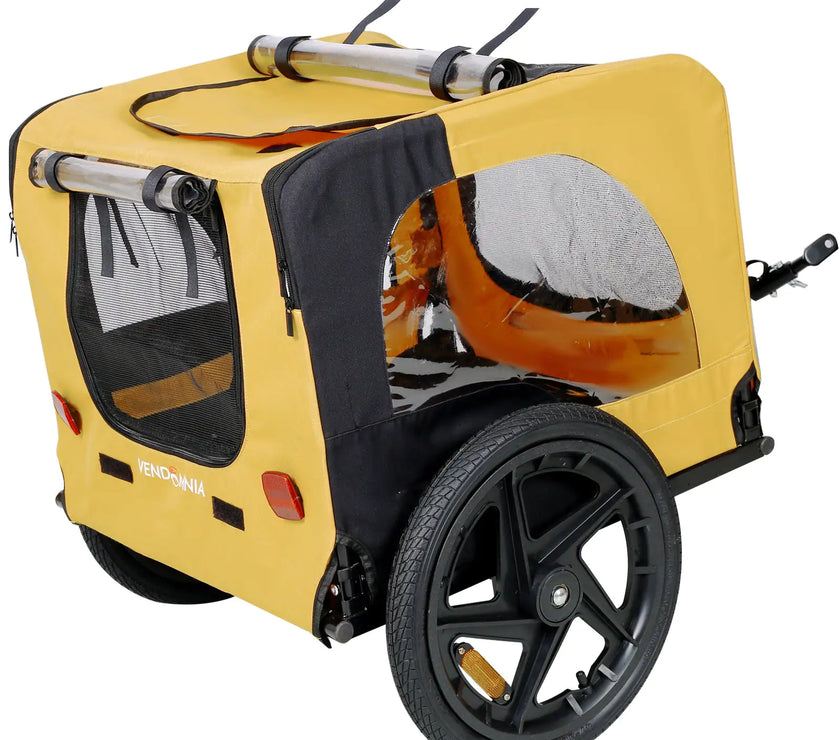 Bicycle pet trailer, small to large dogs weighing up to 88 pounds, folding frame carrier, quick release wheels, universal bicycle coupler