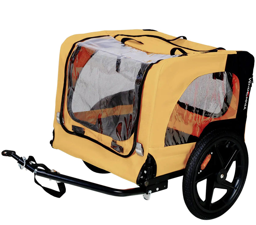 Bicycle pet trailer, small to large dogs weighing up to 88 pounds, folding frame carrier, quick release wheels, universal bicycle coupler