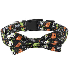Dog collar with bow tie featuring Halloween-themed design on a white background
