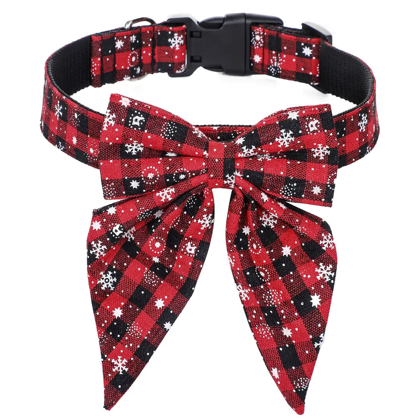 Red, black, and white plaid dog collar with matching bow tie on a white background