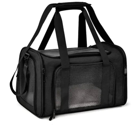 Black pet carrier with mesh side on a white background