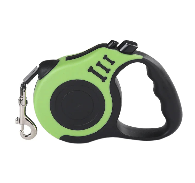 Green and black retractable dog leash on a white background