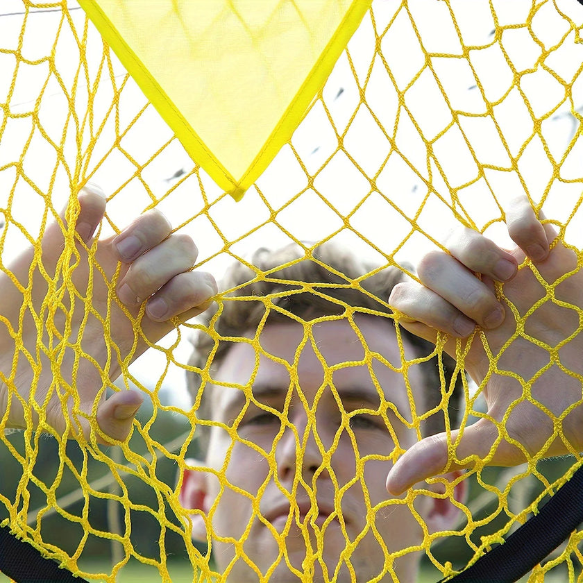 Person behind a yellow net with a blurred background