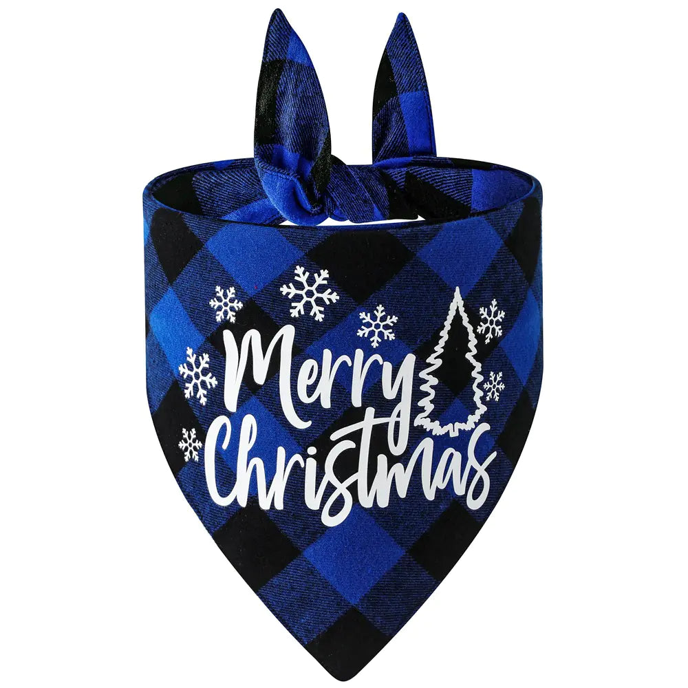 Blue and black checkered bandana with 'Merry Christmas' text on a white background