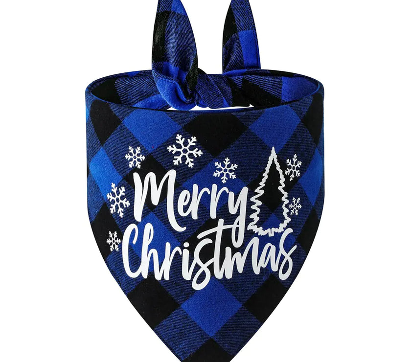 Blue and black checkered bandana with 'Merry Christmas' text on a white background