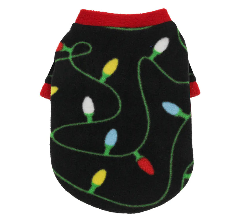 Black dog sweater with holiday lights