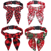 Four plaid dog collars with bows on a white background