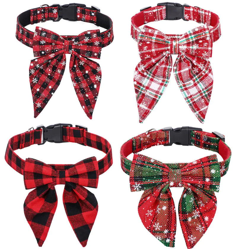 Four plaid dog collars with bows on a white background