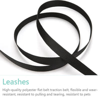Black leash on a white background with text describing its features.