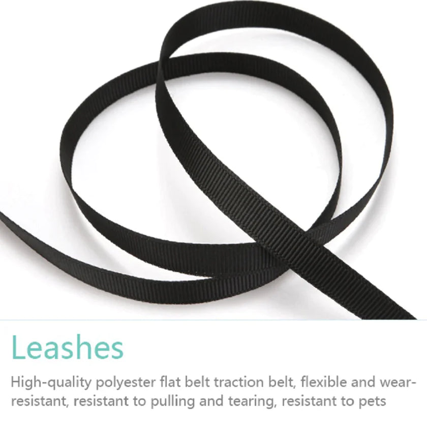 Black leash on a white background with text describing its features.