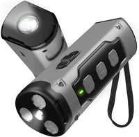 A close-up view of a black handheld ultrasonic dog training device featuring three mesh speaker emitters, control buttons, and an integrated flashlight on top.
