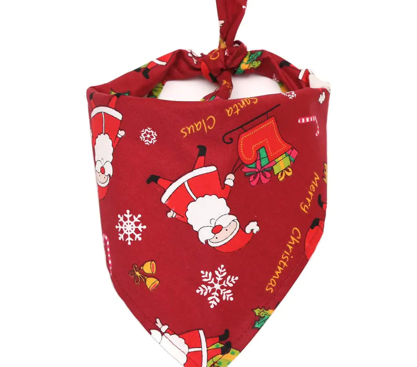 Red Christmas-themed bandana with Santa Claus and snowflakes on a white background