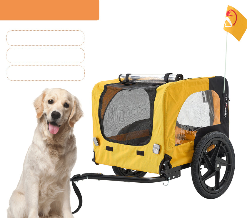 Bicycle pet trailer, small to large dogs weighing up to 88 pounds, folding frame carrier, quick release wheels, universal bicycle coupler