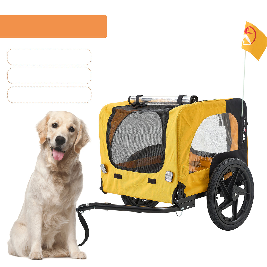 Bicycle pet trailer, small to large dogs weighing up to 88 pounds, folding frame carrier, quick release wheels, universal bicycle coupler