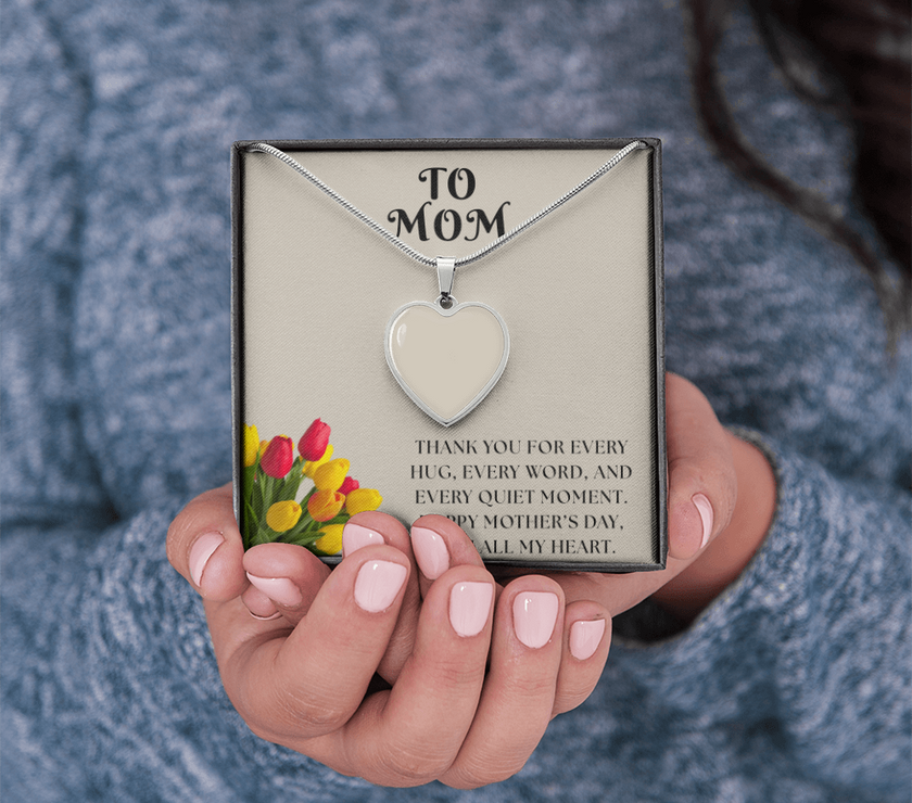 Custom Photo Necklace for Mom – Heart Pendant with Tulip Card that says "Thank you for every hug, every word, and every quiet moment.  Happy Mother's Day, With all my Heart"