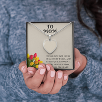 Custom Photo Necklace for Mom – Heart Pendant with Tulip Card that says "Thank you for every hug, every word, and every quiet moment.  Happy Mother's Day, With all my Heart"