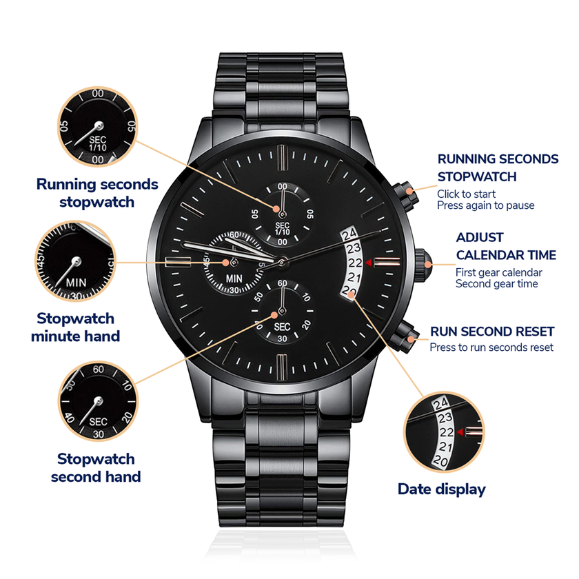 Timeless Elegance: Engraved Black Chronograph Watch