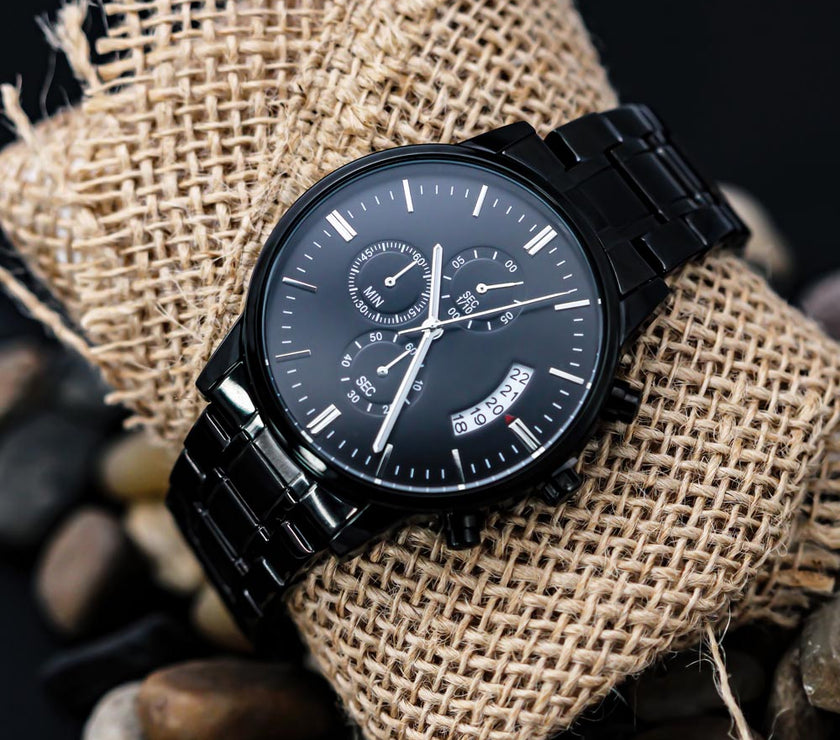 Timeless Elegance: Engraved Black Chronograph Watch