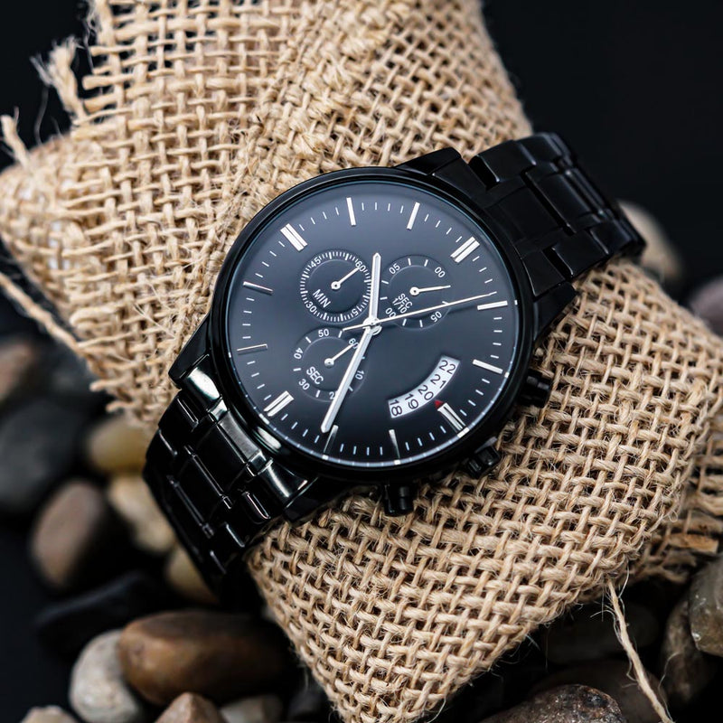 Timeless Elegance: Engraved Black Chronograph Watch