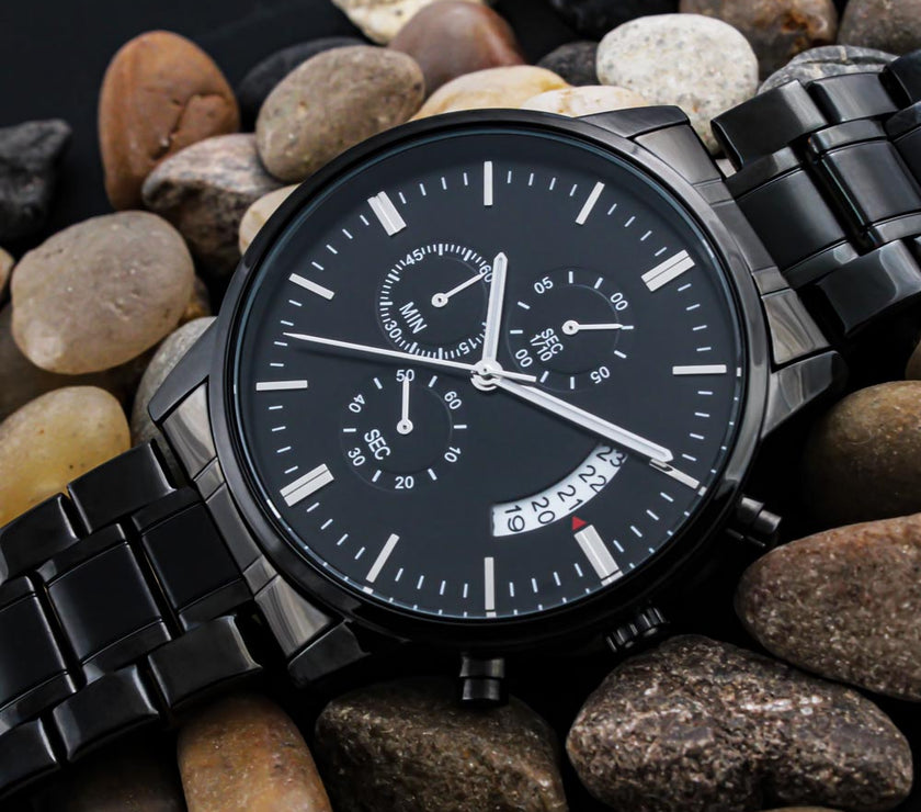 Timeless Elegance: Engraved Black Chronograph Watch