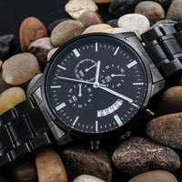 Timeless Elegance: Engraved Black Chronograph Watch