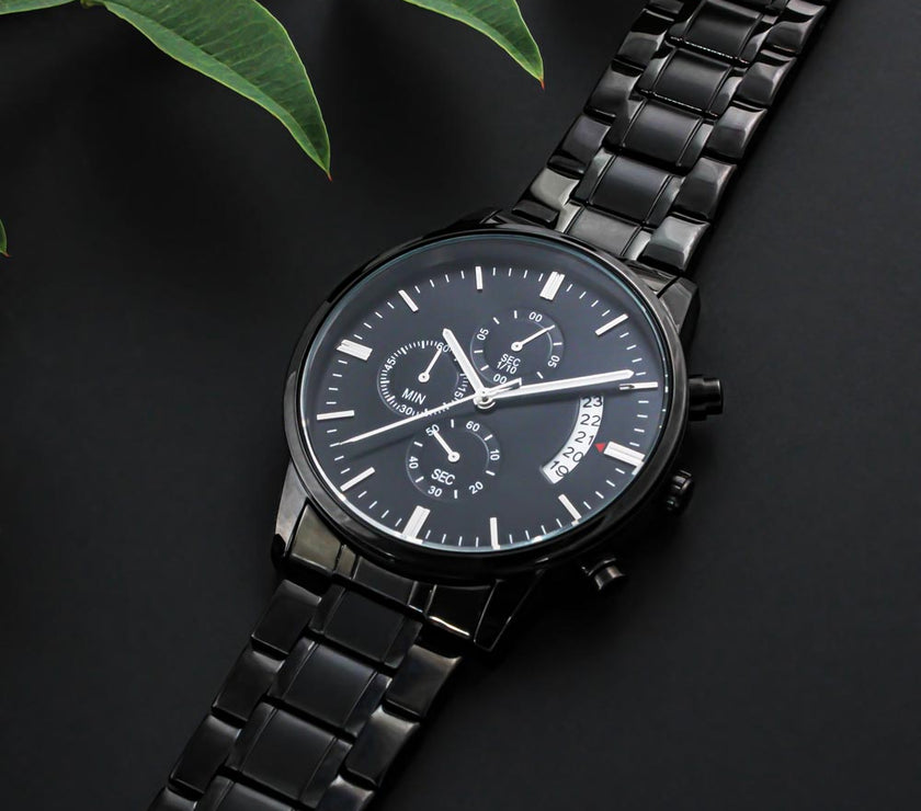 Timeless Elegance: Engraved Black Chronograph Watch