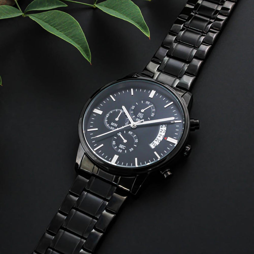 Timeless Elegance: Engraved Black Chronograph Watch