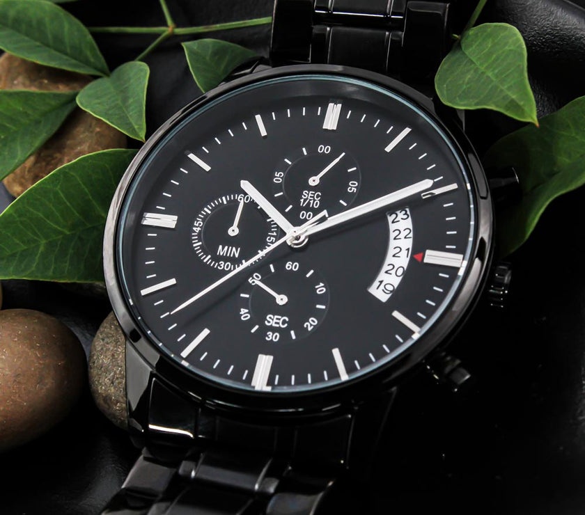 Timeless Elegance: Engraved Black Chronograph Watch