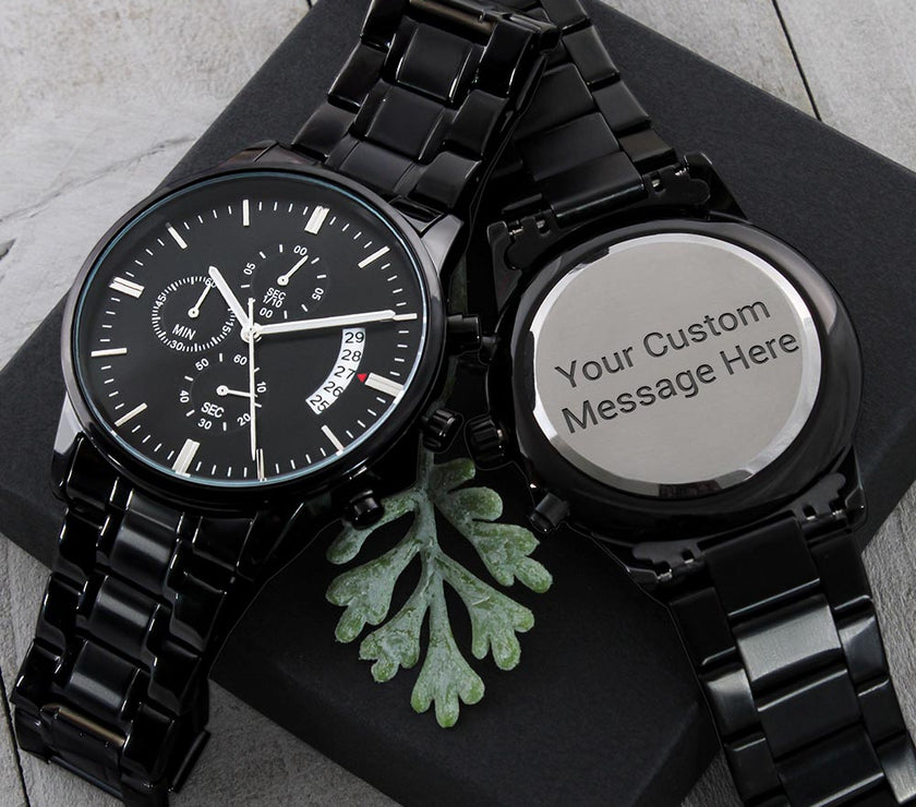 Timeless Elegance: Engraved Black Chronograph Watch