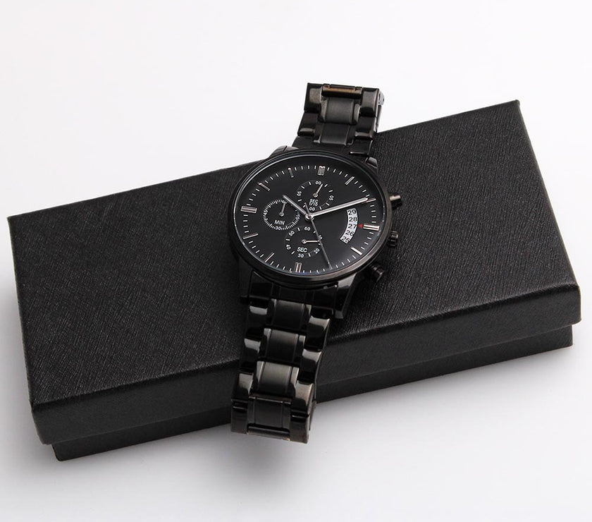 Timeless Elegance: Engraved Black Chronograph Watch