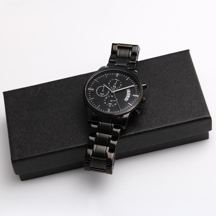 Timeless Elegance: Engraved Black Chronograph Watch
