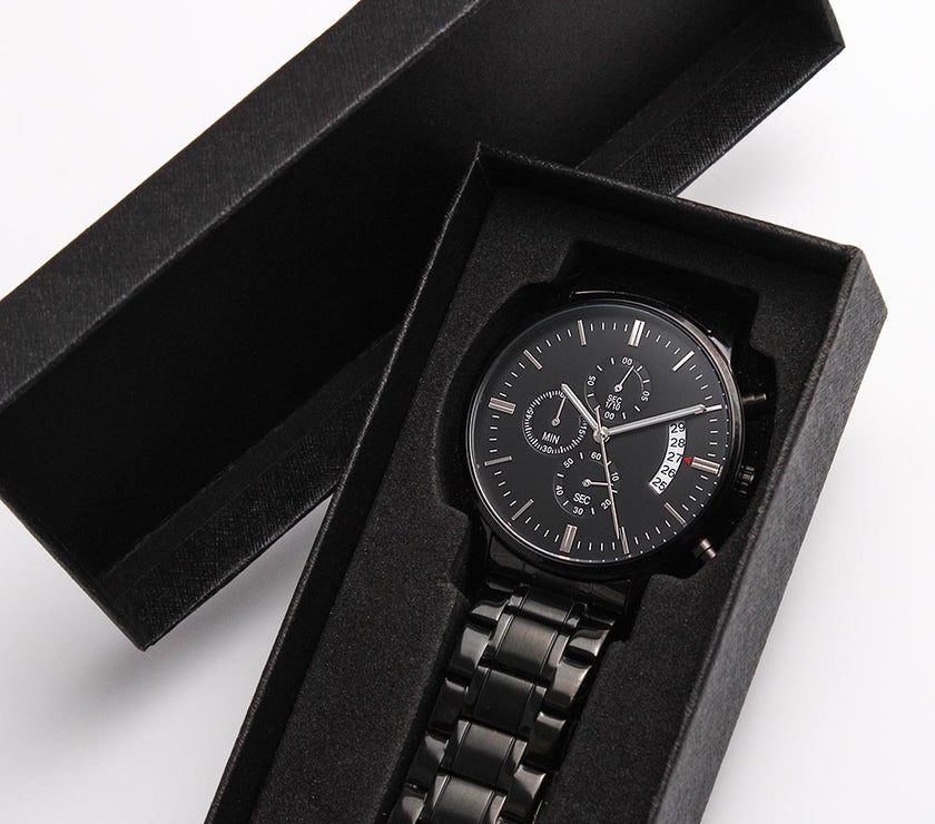Timeless Elegance: Engraved Black Chronograph Watch