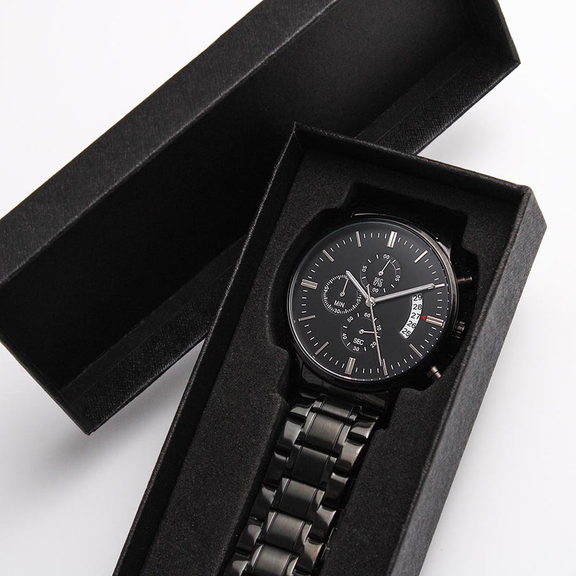 Timeless Elegance: Engraved Black Chronograph Watch