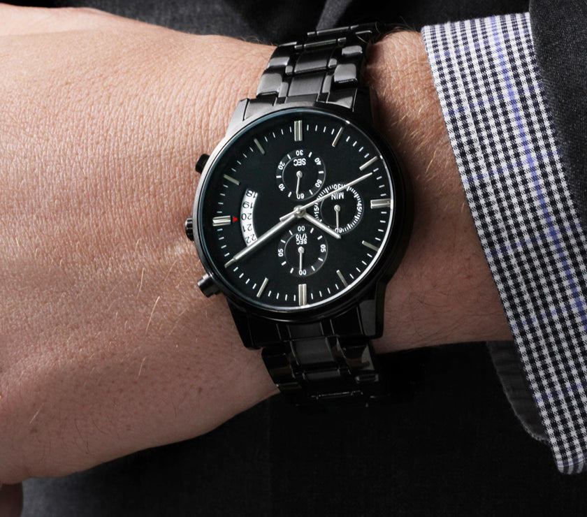 Timeless Elegance: Engraved Black Chronograph Watch